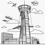 Line art of an air traffic control tower and airplane in pure black and white, designed in a coloring book style with clean outlines and blank fill areas.