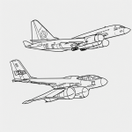 Line art of an airplane flying in the sky, featuring simple outlines and blank fill areas for a coloring book style, without shading or gradients on a white background.