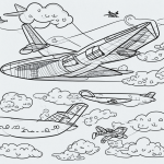 Black and white line art of an airplane flying through simple outlined clouds, perfect for coloring book enthusiasts seeking creative relaxation.