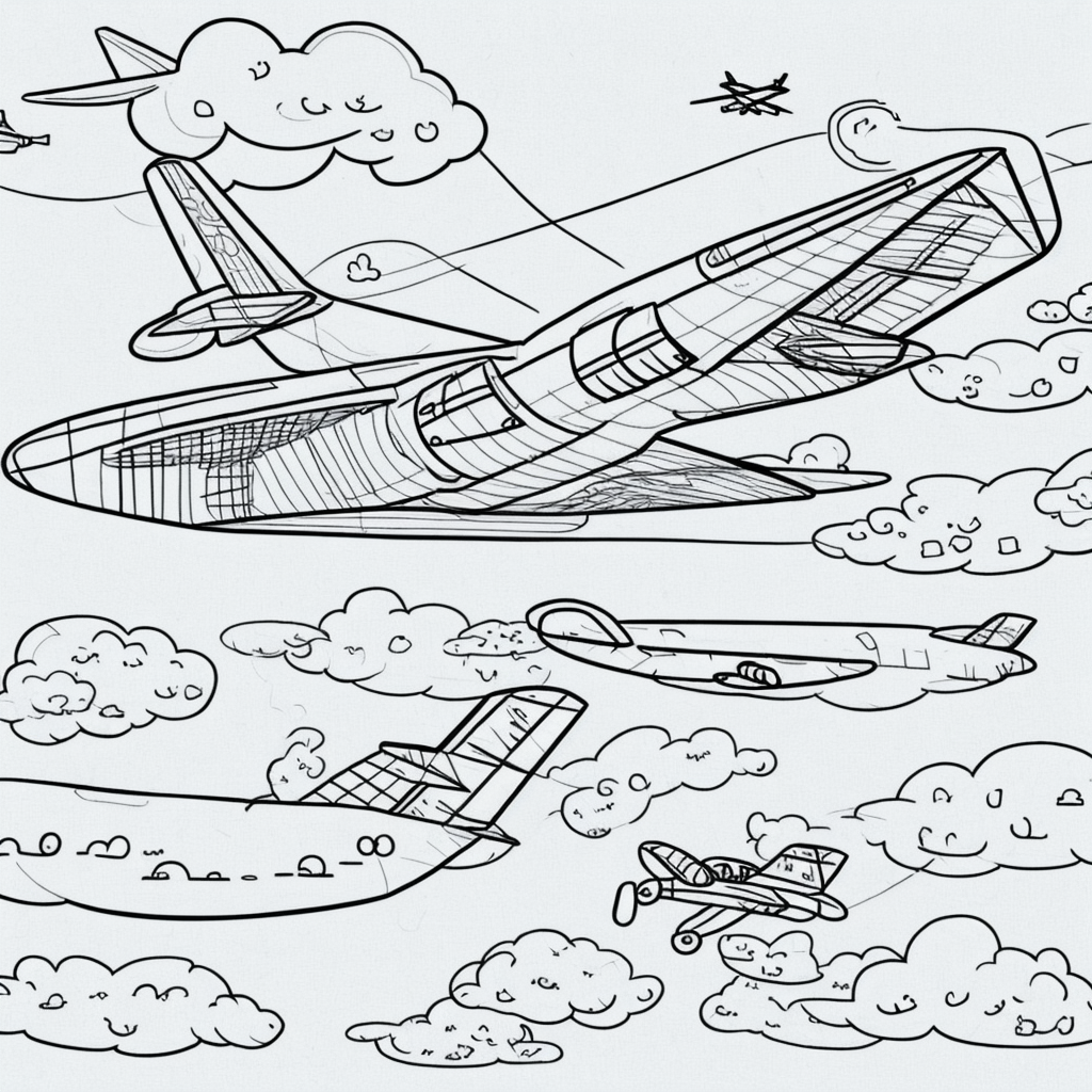 Airplane Line Art: Simple Cloud Outlines for Coloring