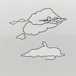 Simple black and white line art of an airplane flying through clouds, perfect for coloring books with clean outlines and blank fill areas.