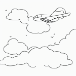 Simple black and white vector line art of an airplane flying through clouds with bold outlines, perfect for children's printable coloring pages.
