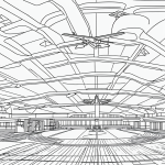 A black and white line art drawing of an airplane on an airport runway, featuring clean outlines and blank fill areas, ideal for coloring books.