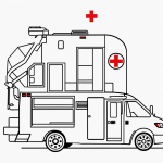 Black and white line art of an ambulance with a red cross, featuring simple outlines and blank fill areas for coloring.