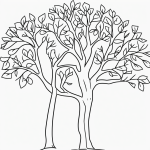 Simple black and white vector line art of an apple tree with bold outlines and contour drawing, perfect for children's coloring activities.