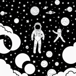 A simple black and white line art of an astronaut floating among stars and planets, perfect for children's printable coloring pages, with bold outlines and minimal design.