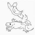 A simple black and white axolotl cartoon in outline style, perfect for coloring books. The image features clean outlines with blank fill areas and no shading.