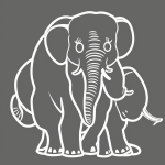 Simple black and white vector line art of a baby elephant spraying water with its trunk, featuring bold outlines and a flat white background, perfect for coloring.