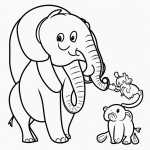 Simple black and white vector line art of a baby elephant spraying water with its trunk, featuring bold outlines and a flat white background.