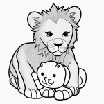 Simple black and white baby lion cartoon line art, perfect for coloring with clean outlines and blank fill areas on a white background.