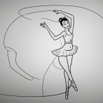 Simple black and white ballerina cartoon line art with clean outlines and blank fill areas, perfect for coloring enthusiasts.
