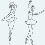 A simple ballerina cartoon in black and white line art, featuring clean outlines and spacious blank fill areas, perfect for coloring enthusiasts.