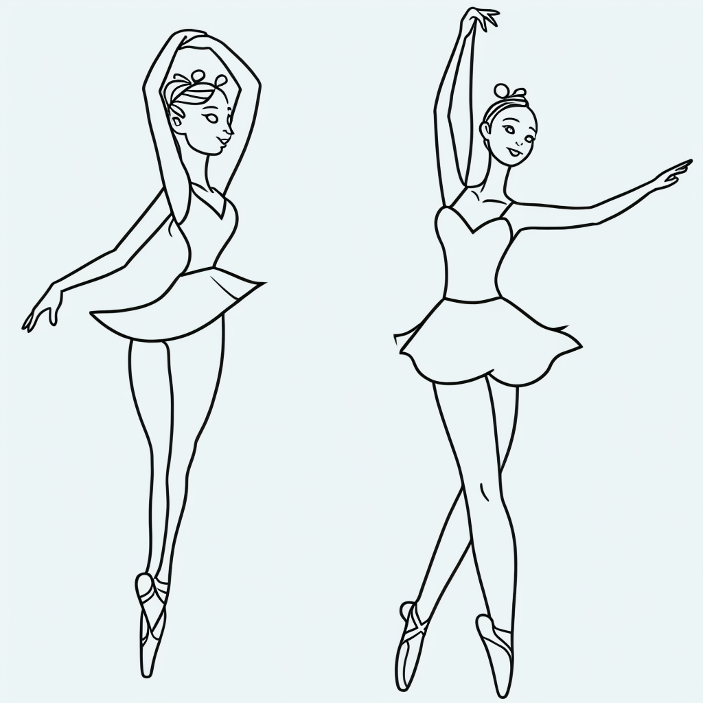Explore Simple Ballerina Cartoon Line Art for Coloring