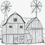 Simple black and white vector line art of a barn with hay bales and a windmill, featuring bold clean outlines for children's printable coloring pages.
