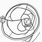 A basketball hoop cartoon in line art style, featuring simple outlines with a pure black and white design, ideal for coloring book enthusiasts.