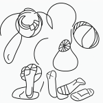 Simple black and white vector line art of a beach ball and flip-flops with bold outlines, ideal for a children's coloring page.