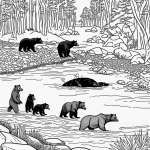 Black and white coloring book illustration of a bear family fishing in a river, featuring bold outlines and a serene outdoor setting.