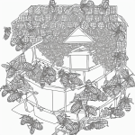 Black and white line art of a bee hive with bees, featuring simple outlines and blank fill areas, perfect for coloring book enthusiasts.