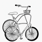 Black and white line art of a bicycle cartoon featuring a basket, ideal for coloring book enthusiasts with its clean and simple outline design.