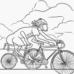 Illustration of a bicycle race scene in coloring book style with simple outlines, black and white, and no shading on a white background.