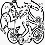 A simple bike cartoon in black and white line art style, ideal for coloring books, featuring clean outlines and blank fill areas to inspire creativity.