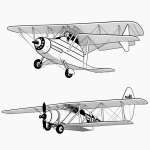 Simple biplane cartoon line art in black and white with clean outlines, designed for coloring books with blank fill areas and no shading.