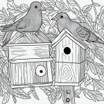 Outline drawing of a birdhouse with birds, featuring clean lines and uncolored sections, ideal for a coloring book page.