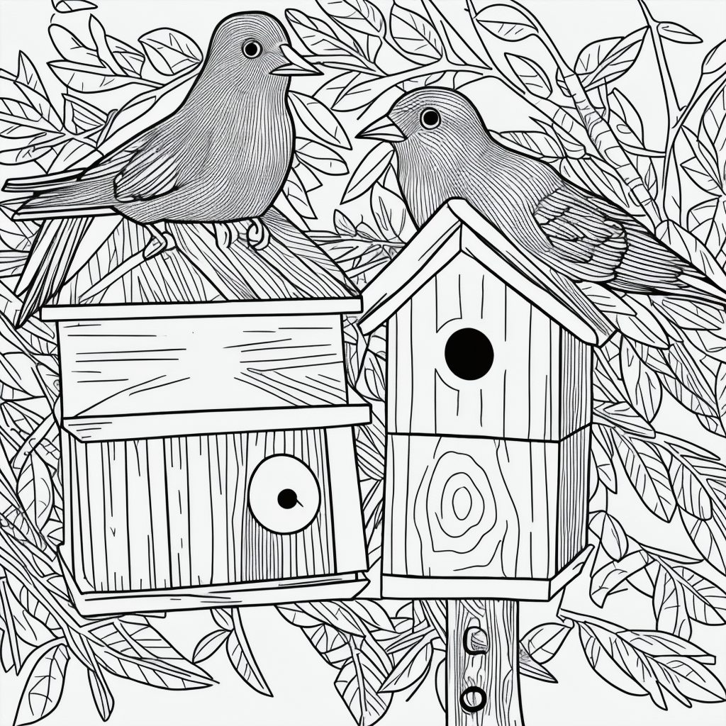 Explore Birds in Birdhouse Line Art Coloring Pages