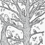 A black and white coloring book illustration featuring birds perched on tree branches with clean, bold outlines, perfect for a printable line art activity.