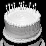 A black and white line art of a birthday cake with candles, featuring simple, clean outlines and blank fill areas, ideal for coloring book enthusiasts.