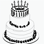 A black and white line art illustration of a birthday cake, with simple outlines and blank fill areas, perfect for coloring book enthusiasts.