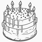 Simple black and white vector line art of a birthday cake with candles, perfect for children's printable coloring page, featuring bold outlines and no fill.