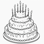 A birthday cake with candles in black and white line art, perfect for coloring books, featuring clean outlines and blank fill areas.