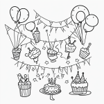 Simple black and white vector line art of a birthday party with cake and balloons, designed as a children's printable coloring page with bold, clean outlines.