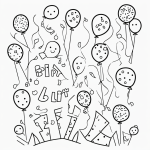 Simple black and white vector line art of a birthday party featuring a cake and balloons, perfect for children's printable coloring pages.