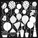 Simple black and white vector line art of a birthday party with a cake and balloons, designed as a children's printable coloring page.