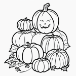 Simple black and white vector line art of pumpkins and autumn leaves, featuring bold clean outlines perfect for children's printable coloring page.