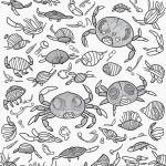 A black and white coloring book illustration featuring a playful crab and whimsical seashells on a beach, drawn in cartoon outlines.