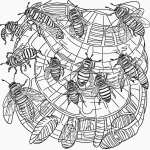 A detailed black and white coloring book illustration featuring a beehive surrounded by buzzing bees, designed with clean outlines for easy coloring.