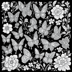 A black and white vector illustration of a butterfly garden with flowers, perfect for coloring book enthusiasts seeking creative expression and relaxation.