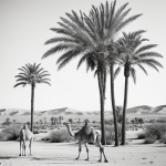 A black and white coloring page featuring a camel standing in a desert landscape with palm trees, designed without shading for artistic coloring.