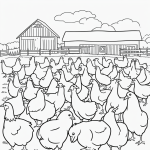 Simple black and white vector line art of chickens pecking near a barn with bold clean outlines on a flat white background, children's printable coloring page style.