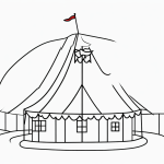 Black and white vector line art of a circus tent with flags, featuring bold clean outlines and a minimal composition on a flat white background.