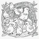 Black and white coloring book illustration of baby chicks and a mother hen with bold outlines, perfect for creative coloring and art therapy.