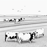 A black and white coloring book illustration depicting cows grazing peacefully in a field, designed with simple line art for easy coloring and relaxation.