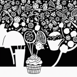 A simple black and white vector line art of a cupcake with sprinkles, featuring bold clean outlines on a flat white background, ideal for children's coloring pages.