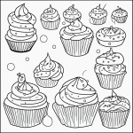 Black and white vector line art of a cupcake with sprinkles, featuring bold clean outlines and minimal composition, ideal for children's printable coloring page.