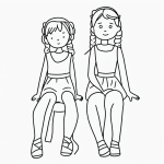 Simple black and white vector line art of a doll with pigtails, featuring bold clean outlines, perfect for children's printable coloring page.
