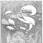 Black and white coloring book illustration featuring dolphins swimming among seaweed with bold outlines, perfect for creative expression.
