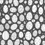 Simple black and white vector line art of Easter eggs with bold outlines and fun patterns, ideal for children's printable coloring pages.